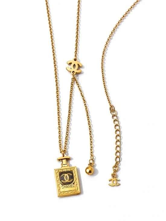 CHANEL Dupe Gold-Tone Perfume Bottle Logo Pendant Necklace with CC Charm - Picture 2 of 3